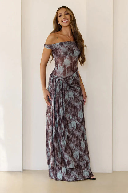 Mystic Marble Print Off Shoulder Maxi Dress Teal