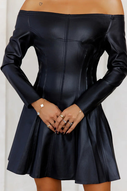 Luxe Lookbook Off Shoulder Faux Leather Mini Dress Black