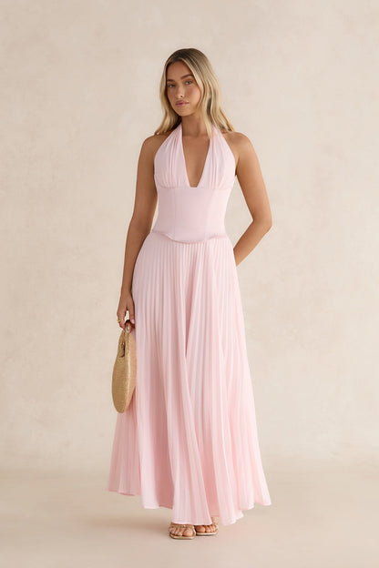 Paradise Falls Plisse Halter Maxi Dress Light Pink