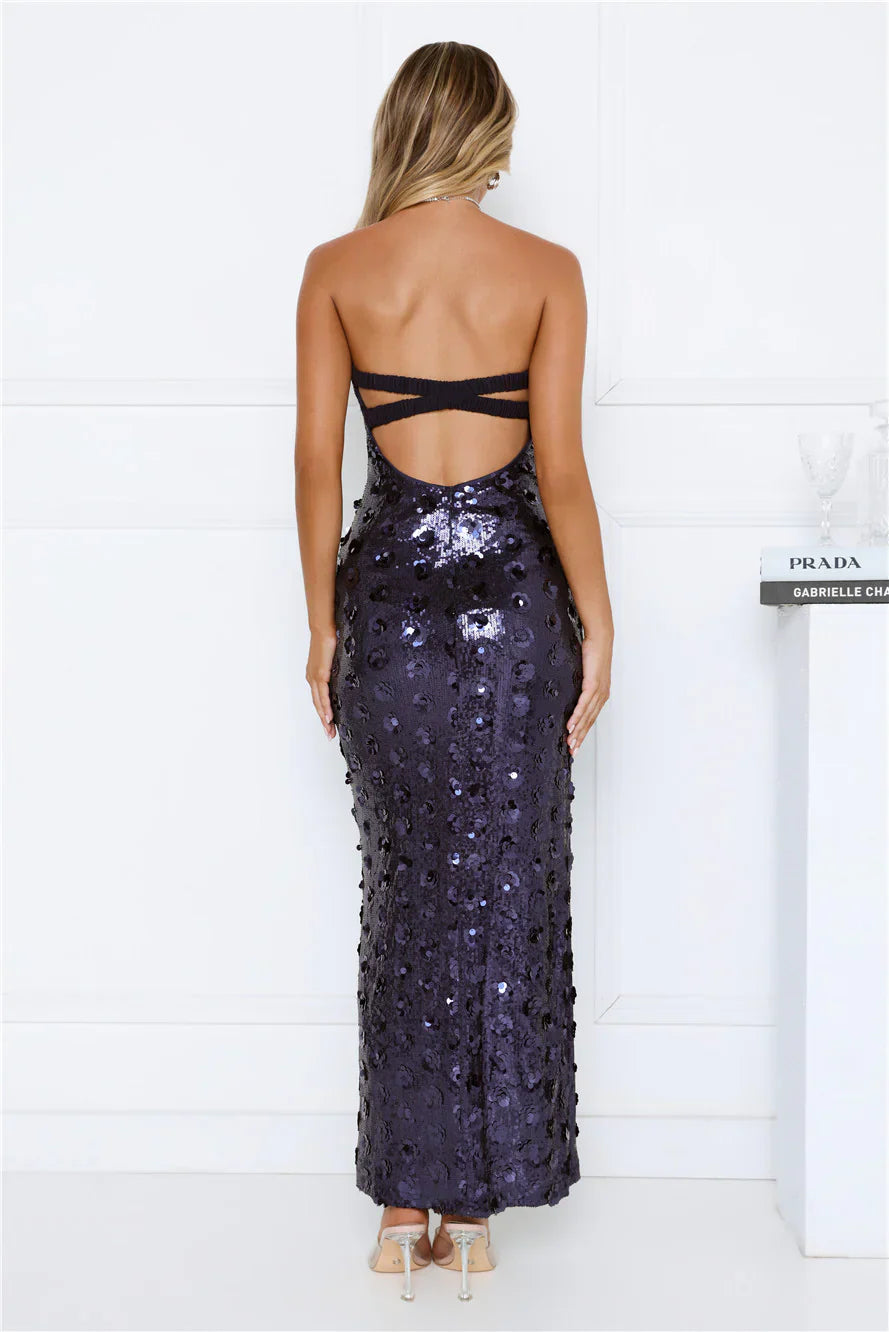 Shimmer Shine Sequin Strapless Maxi Dress Navy