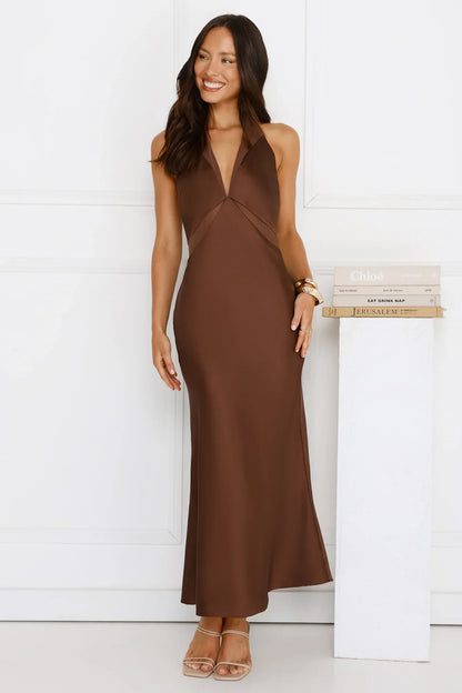 Nocturnal Bloom Satin Halter Maxi Dress Brown