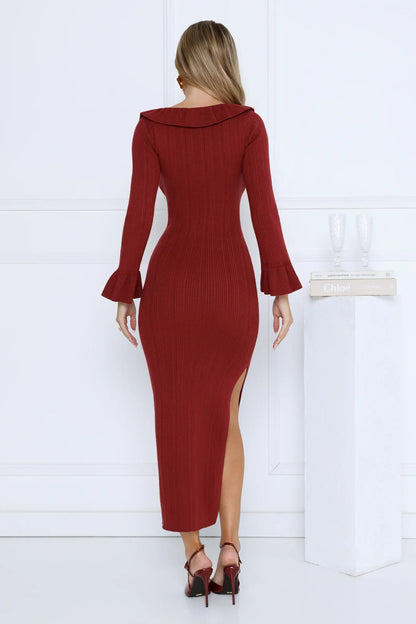 Night Style Ribbed Maxi Dress Burgundy