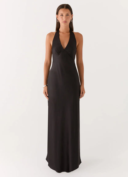Heavy Hearted Satin Maxi Dress - Black