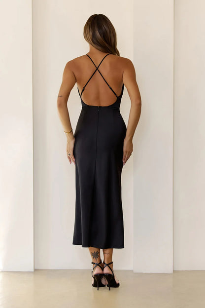 Invitation Only Satin Midi Dress Black