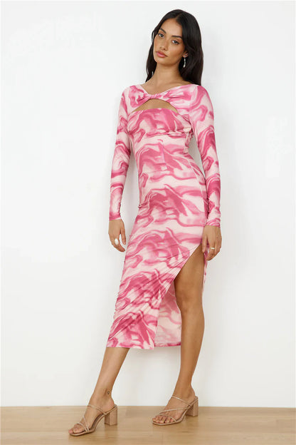 Raspberry Swirl Long Sleeve Midi Dress Pink