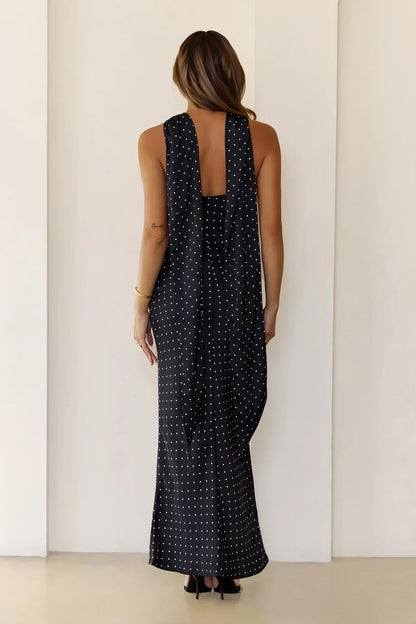 Orchid Dusk Polka Dot Satin Maxi Dress Black