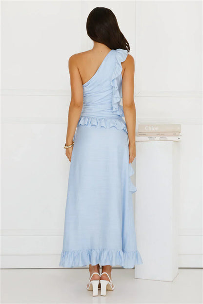 Moonlit Thoughts One Shoulder Maxi Dress Blue