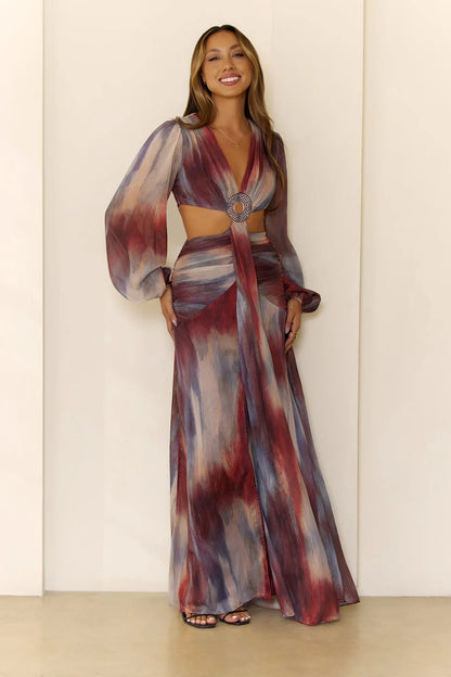 Shimmering Horizon Cutout Long Sleeve Maxi Dress Multi