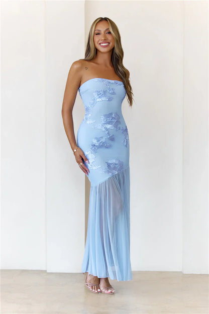 Rosé Mood Strapless Mesh Maxi Dress Blue