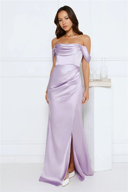 Silken Starlet Off Shoulder Satin Maxi Dress Lavender