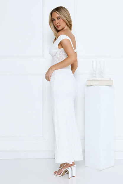 Ivory Veil Off Shoulder Lace Maxi Dress White