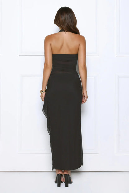 Sophisticated Spark Halter Mesh Midi Dress Black
