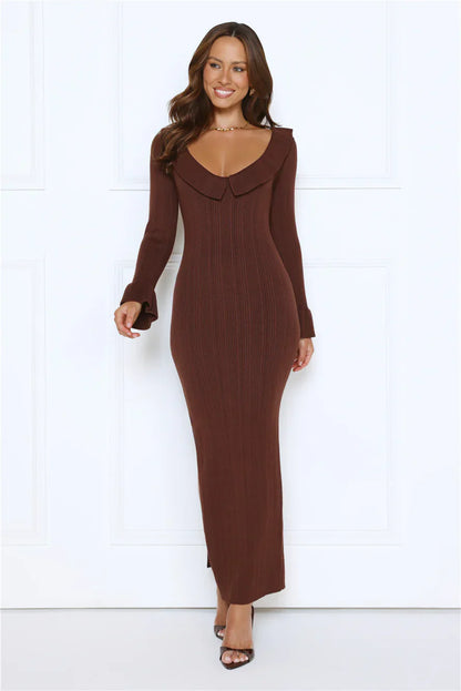 Night Style Ribbed Maxi Dress Brown