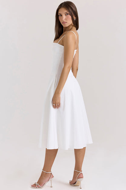 white stretch cotton a-line midi sundress