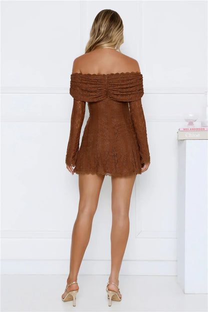Secret Smile Lace Off Shoulder Mini Dress Brown