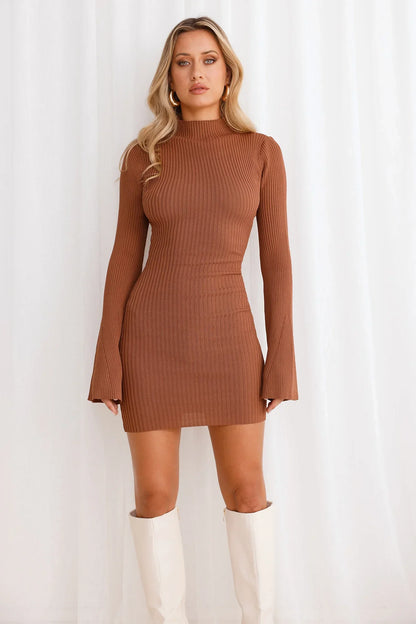 Isla Ribbed Long Sleeve Mini Dress Brown
