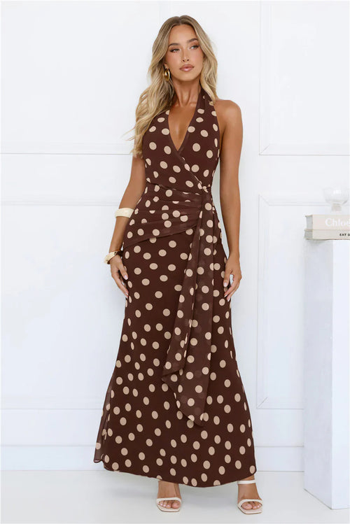 Nova Nights Halter Polka Dot Maxi Dress Brown
