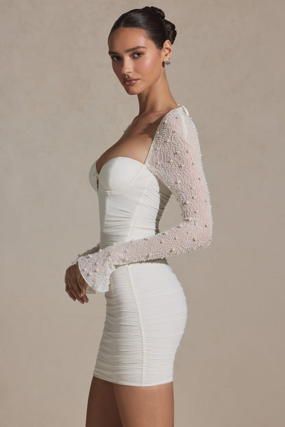 Embellished Long-Sleeve Mini Dress in Snow