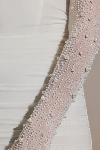 Embellished Long-Sleeve Mini Dress in Snow