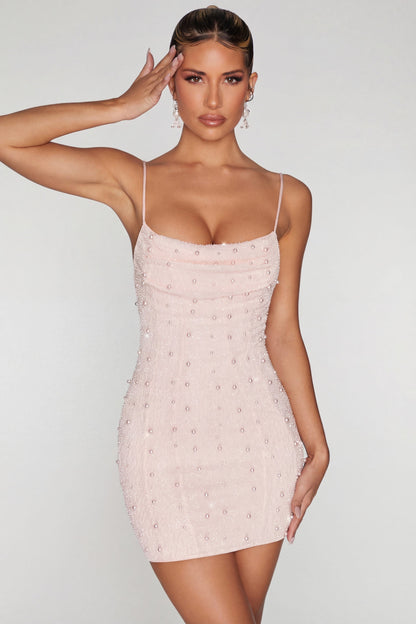 Embellished Cowl Neck Mini Dress in Blush