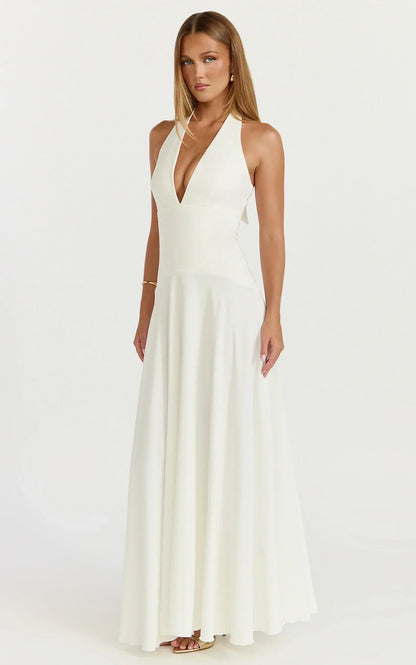 Poppy Maxi Dress - Contrast Skirt Deep Plunge Halter Dress in Off White