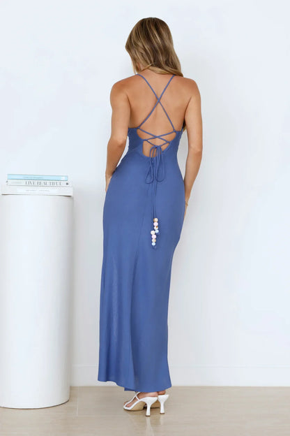 Oceanside Aura Linen Blend Maxi Dress Blue
