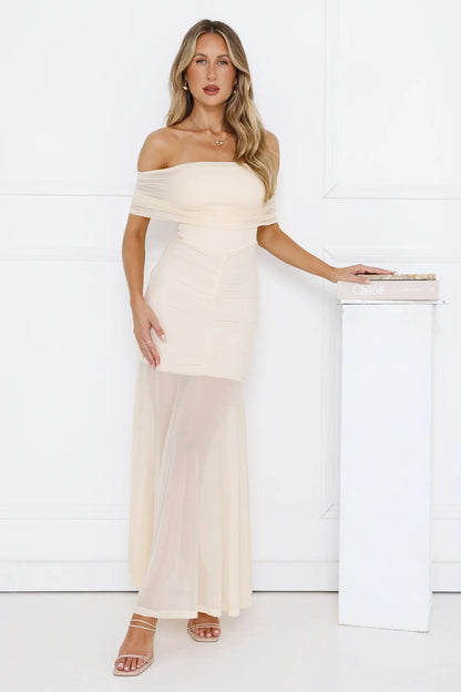 Lumière Off Shoulder Mesh Maxi Dress Yellow