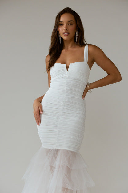 Nadia Tulle Hem Ruched Maxi Dress White