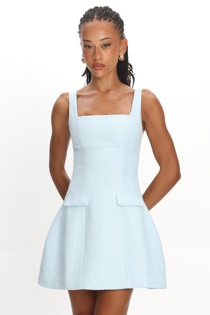 Melodic Faux Pocket Tweed Mini Dress Blue