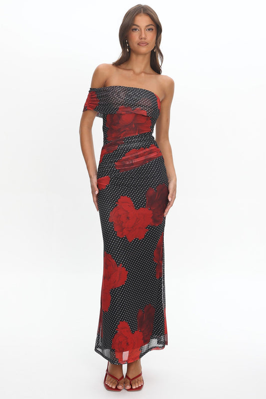 Gala One-Shoulder Maxi Dress Rose Black