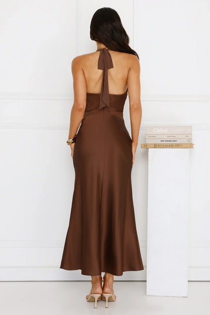 Nocturnal Bloom Satin Halter Maxi Dress Brown