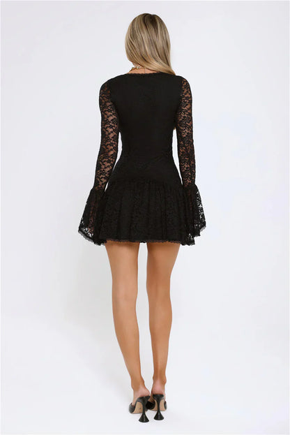 Gilded Lace Nights Long Sleeve Mini Dress Black