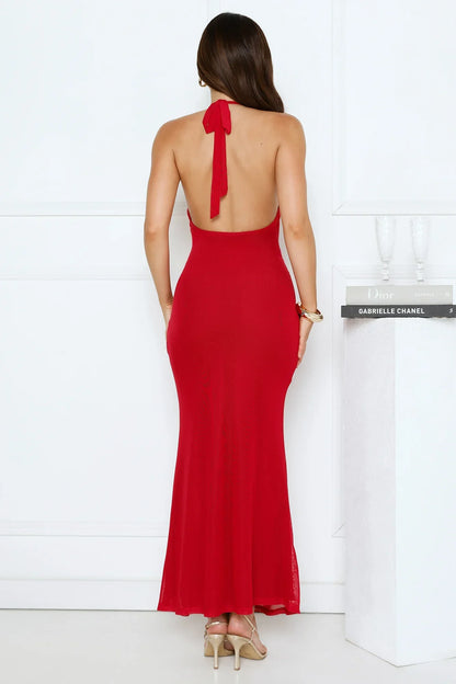 Sleek Bloom Halter Maxi Dress Red