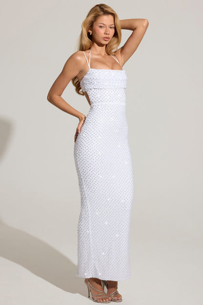 Embellished Cowl-Neck Maxi Dress in White