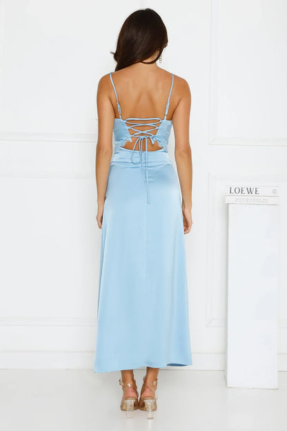 Softly In Season Satin Maxi Dress Blue