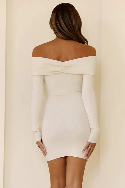 Night Out Now Ribbed Off Shoulder Mini Dress Cream