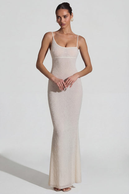 Embellished Backless Maxi Dress in White