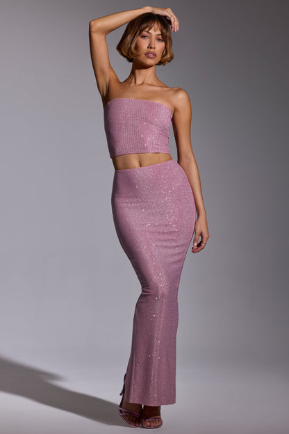 Embellished Mid Rise Maxi Skirt in Light Pink