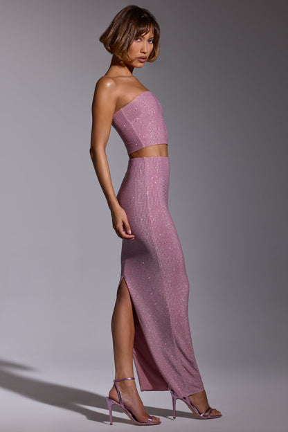 Embellished Mid Rise Maxi Skirt in Light Pink