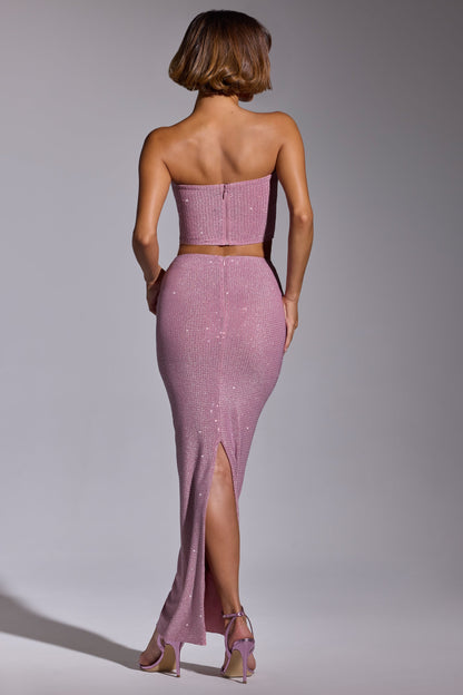 Embellished Mid Rise Maxi Skirt in Light Pink