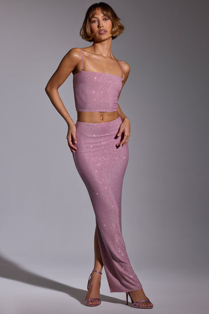 Embellished Mid Rise Maxi Skirt in Light Pink