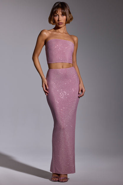 Embellished Mid Rise Maxi Skirt in Light Pink