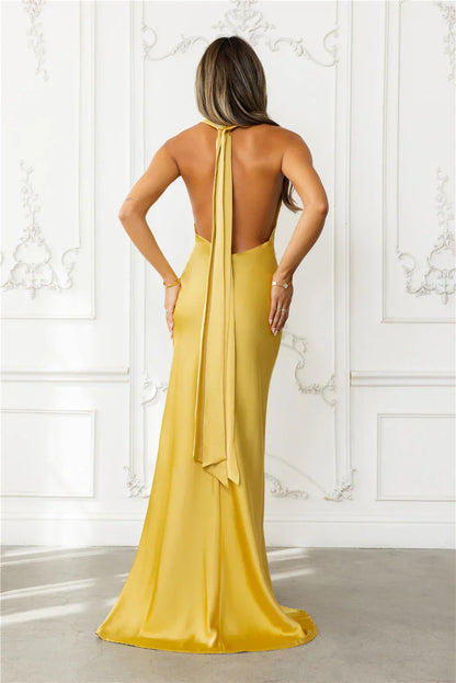 Nightfall Noir Halter Satin Maxi Dress Gold