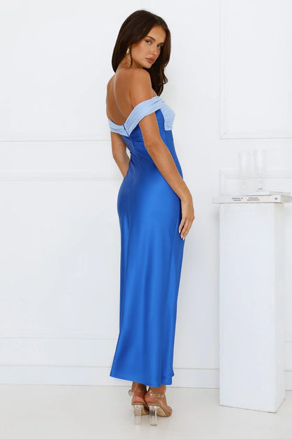 Luxe And Likes Off Shoulder Satin Maxi Dress Blue