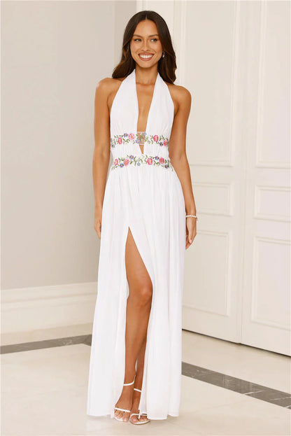 Maldives Garden Halter Maxi Dress White
