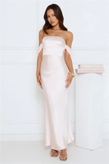 Hot Girl Diaries Off Shoulder Satin Maxi Dress Pink