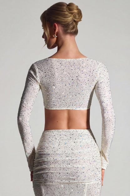 Embellished Long-Sleeve Crop Top in White