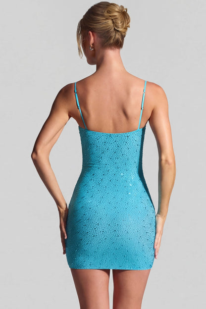 Embellished Bodycon Mini Dress in Aqua Blue
