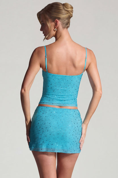 Embellished Mid-Rise Micro Mini Skirt in Aqua Blue