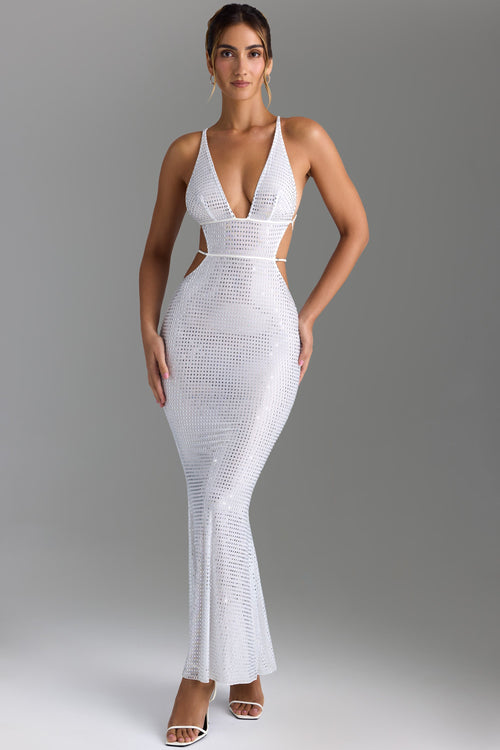 Embellished Cut-Out Backless Maxi Dress in White
